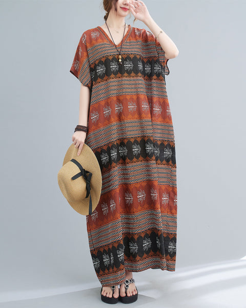 ellazhu Womens Loose Casual V Neck Print Stripe Short Sleeve Midi Summer Dress GA2613