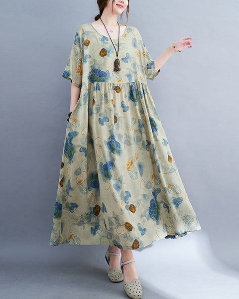 ellazhu Women's Half Sleeve Summer Plus Size Bohemian Oversized Boho Maxi Scoop Neck Print Baggy Beach Dresses GA2614 Apricot