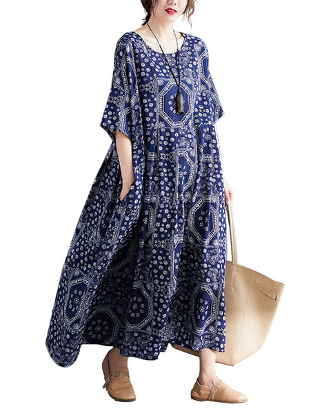 ellazhu Women's Half Sleeve Summer Plus Size Bohemian Oversized Boho Maxi Scoop Neck Print Baggy Beach Dresses GA2614 Apricot