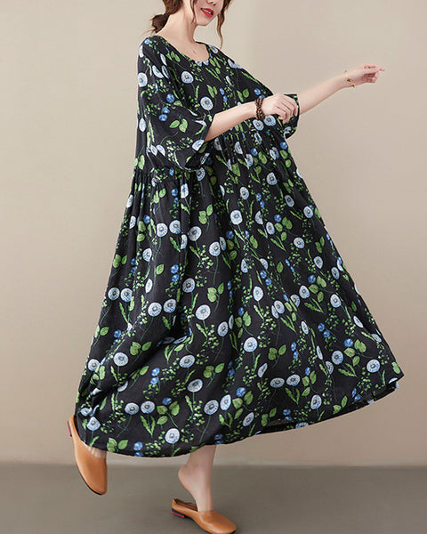 ellazhu Women's Half Sleeve Summer Plus Size Bohemian Oversized Boho Maxi Scoop Neck Print Baggy Beach Dresses GA2614 Blue 06