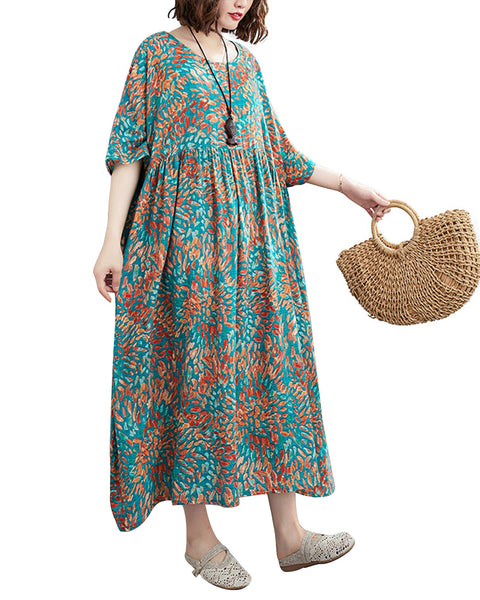 ellazhu Women's Half Sleeve Summer Plus Size Bohemian Oversized Boho Maxi Scoop Neck Print Baggy Beach Dresses GA2614 Blue 06