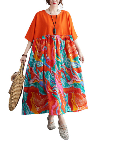 ellazhu Women's Half Sleeve Summer Plus Size Bohemian Oversized Boho Maxi Scoop Neck Print Baggy Beach Dresses GA2614 Orange