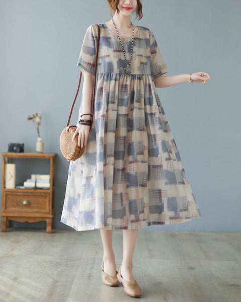 ellazhu Womens Half Sleeve Summer Oversized Dresses Print Maxi Baggy Dress Bohemian Vintage Dress GA2616