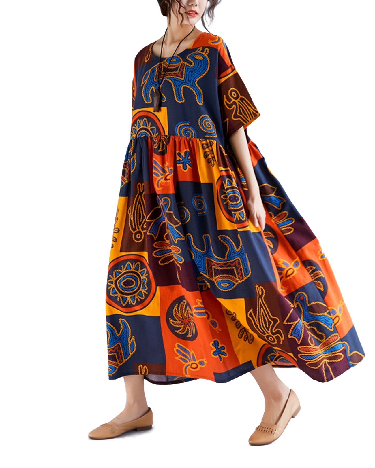 ellazhu Womens Half Sleeve Summer Oversized Dresses Print Maxi Baggy Dress Patchwork Dress GA2620