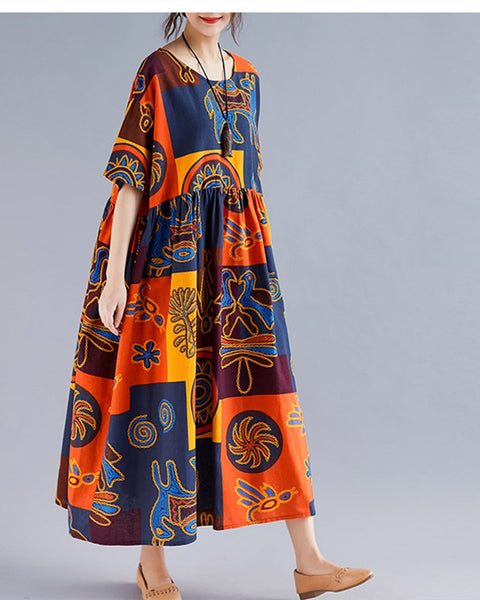 ellazhu Womens Half Sleeve Summer Oversized Dresses Print Maxi Baggy Dress Patchwork Dress GA2620