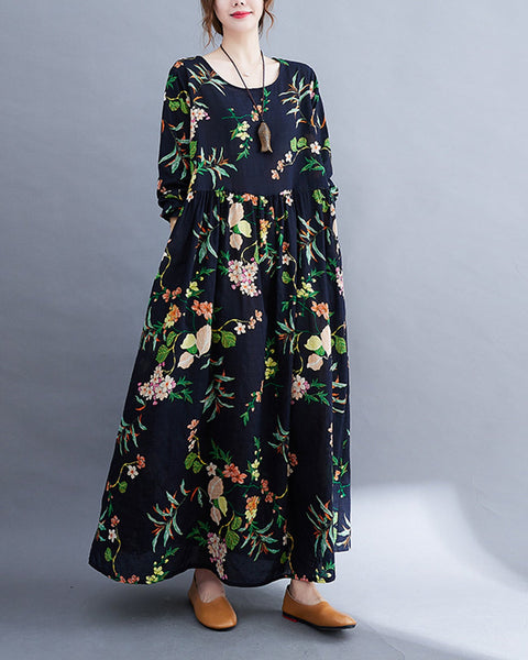 ellazhu Womens Long Sleeve Oversized Dresses Patchwork Print Maxi Baggy Dress Vintage Dress GA2623