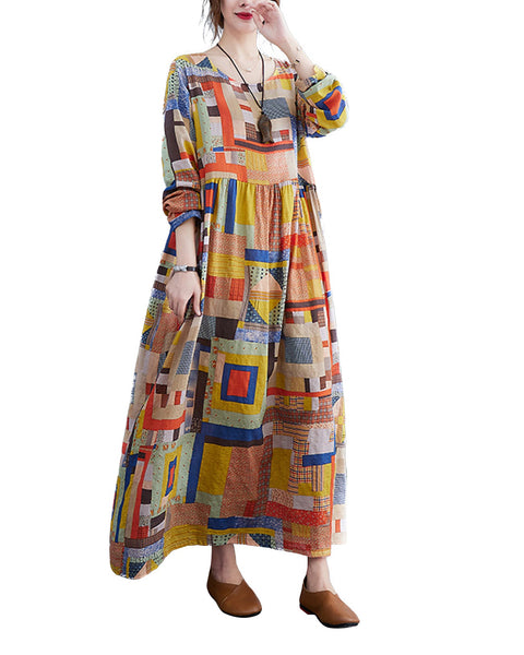 ellazhu Womens Long Sleeve Oversized Dresses Patchwork Print Maxi Baggy Dress Vintage Dress GA2623