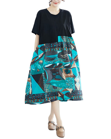 ellazhu Womens Half Sleeve Summer Oversized Dresses Patchwork Print Maxi Baggy Dress Vintage Dress GA2624