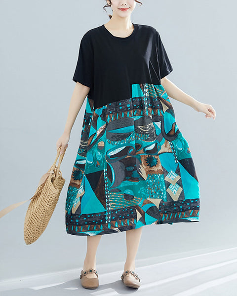 ellazhu Womens Half Sleeve Summer Oversized Dresses Patchwork Print Maxi Baggy Dress Vintage Dress GA2624