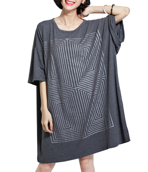 ellazhu Women Loose Geometric Print Short Sleeve Shirtdress GA89