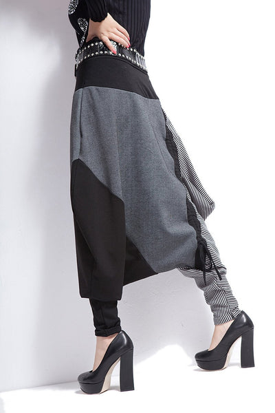 ellazhu Women Baggy Drawstring Adjustable Length Harem Pants GY259 Grey
