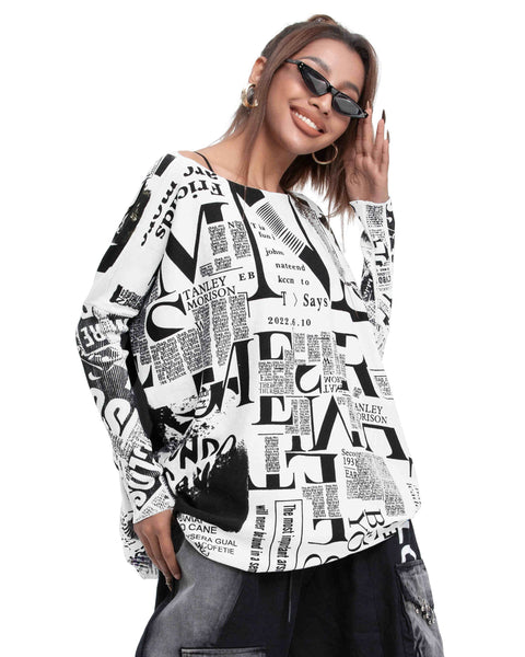 ❤ellazhu Women's Long Sleeve Sweater Newspaper Painting Pullover Oversized Shirt GY2753