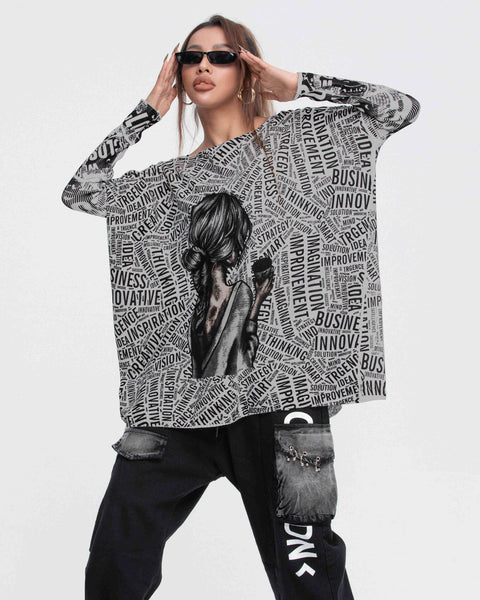 ellazhu Women's Long Sleeve Sweater Newspaper Painting Pullover Oversized Shirt GY2754