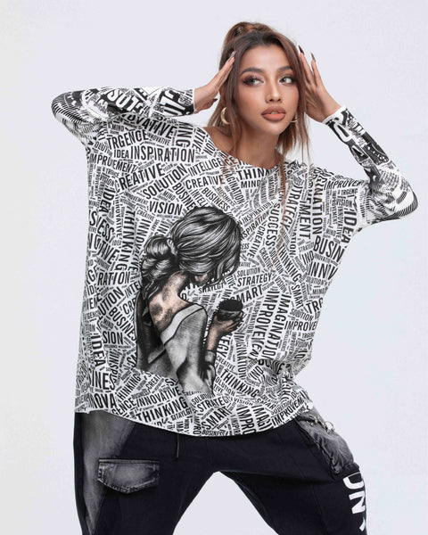 ellazhu Women's Long Sleeve Sweater Newspaper Painting Pullover Oversized Shirt GY2754