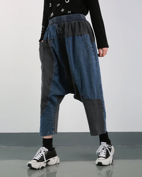 ellazhu Women's Harem Cropped Pants Denim Baggy Patchwork Elastic Waist Pull-on Jeans GY2794