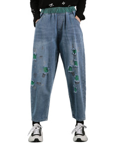 ellazhu Women's Harem Cropped Pants Denim Baggy Ripped Elastic Waist Pull-on Jeans GY2796