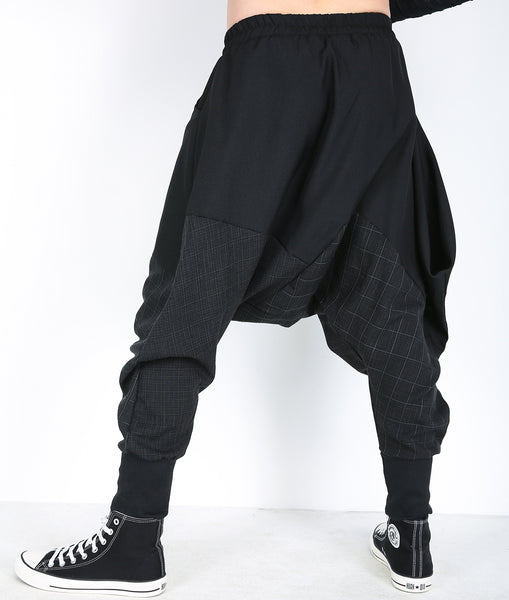 ellazhu Men's Baggy Elastic Waist Drop Crotch Harem Pants GYM188