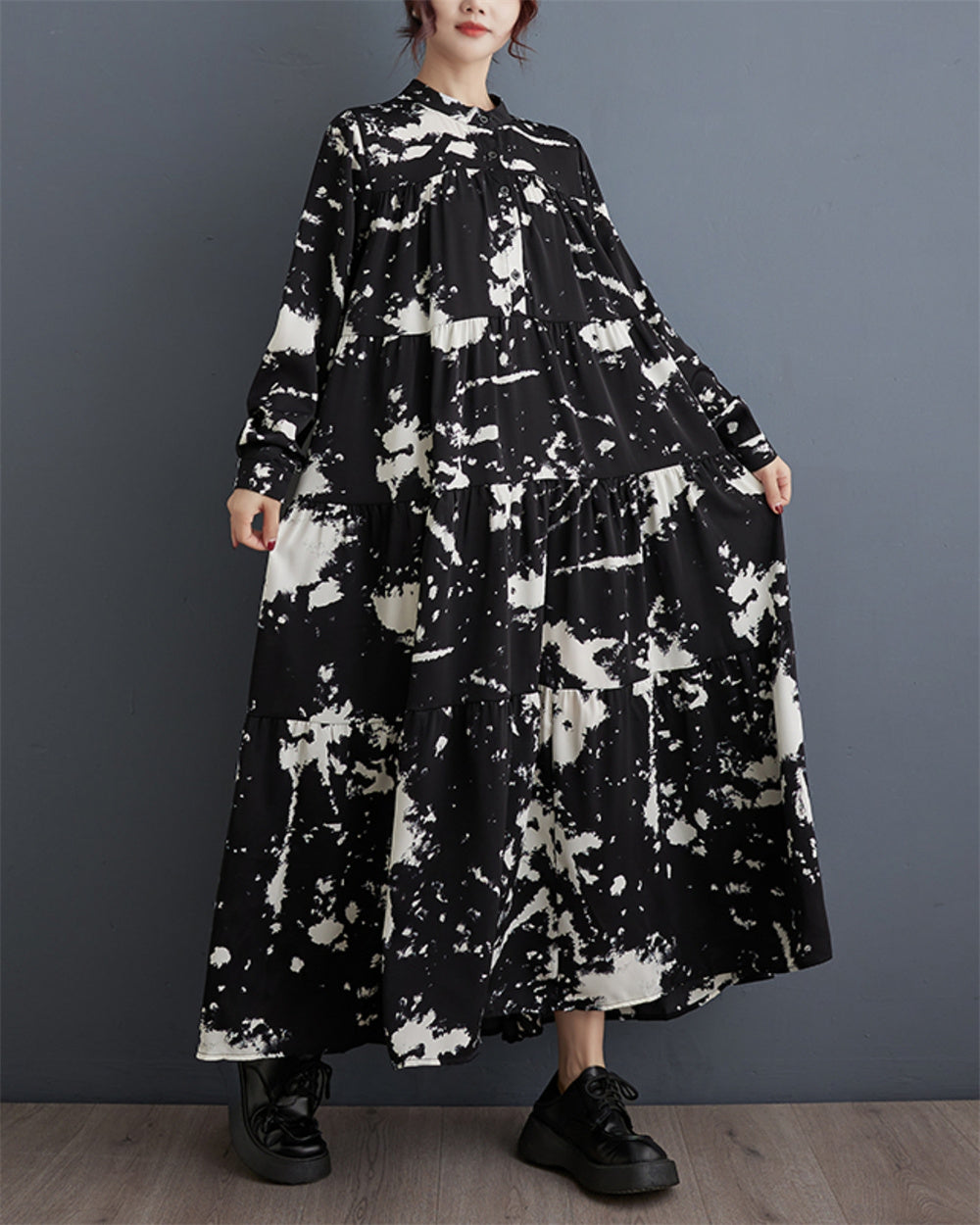 ellazhu Women's Baggy Long Sleeve Floral A-line Swing Dress GZ104