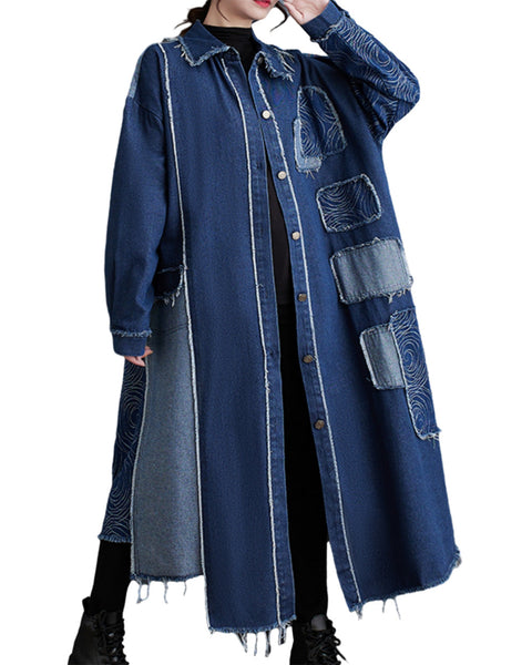 ellazhu Women's Denim Long Jackets Printed Lapel Buttons Down Overcoat GZ18