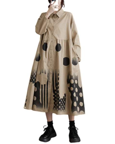 ellazhu Women's Long Sleeves Printed Shirt Long Dress with Polka Dots GZ19