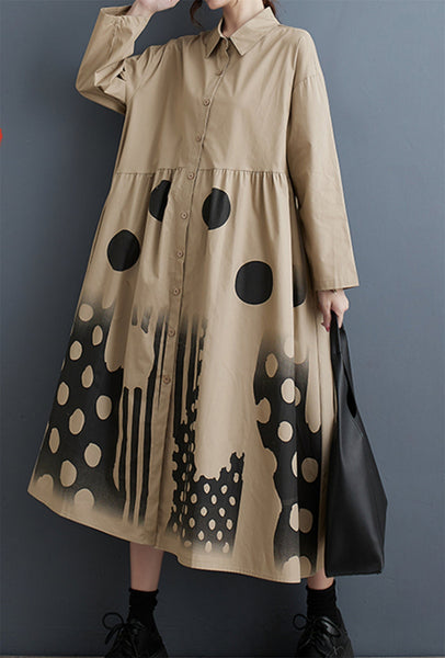 ellazhu Women's Long Sleeves Printed Shirt Long Dress with Polka Dots GZ19