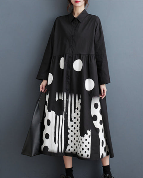 ellazhu Women's Long Sleeves Printed Shirt Long Dress with Polka Dots GZ19