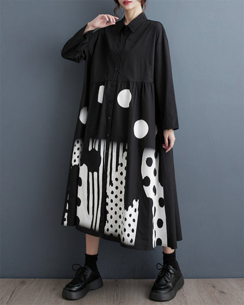 ellazhu Women's Long Sleeves Printed Shirt Long Dress with Polka Dots GZ19