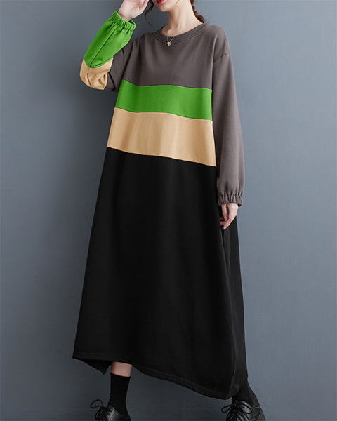 ellazhu Women's Patchwork Multi Color Long Sleeve Crew Neck Pullover Dress GZ23