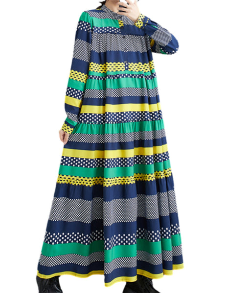 ellazhu Women's Multicolor Patchwork Maxi Long Dress with Baggy Hem GZ25