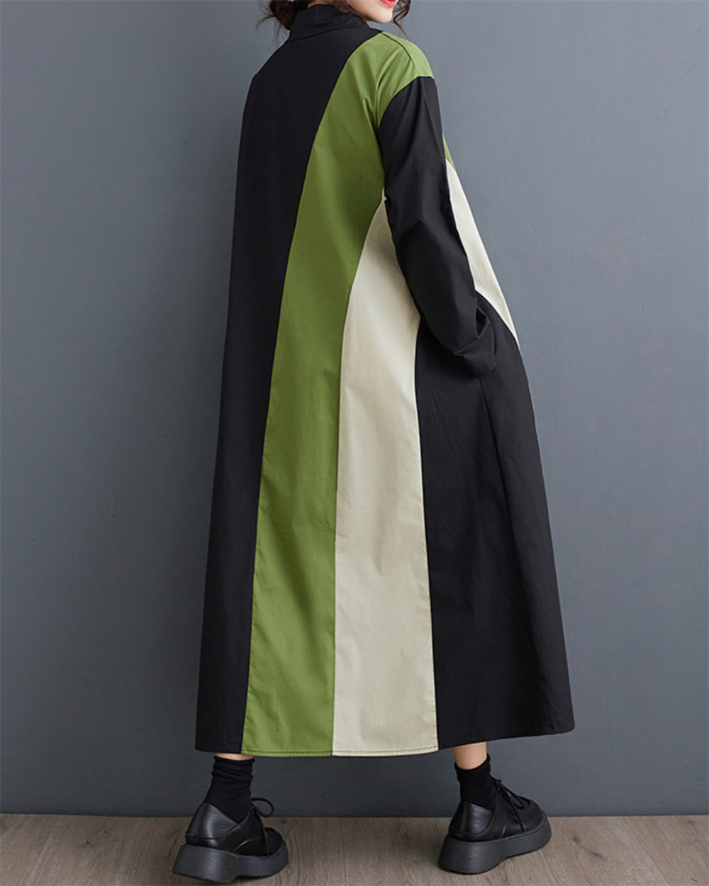 ellazhu Women's Loose Patchwork Color Block Lapel Long Sleeves Pullove