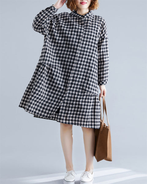 ellazhu Women's Casual Plaid Front Buttons Down Long Sleeves Shirt Dress GZ35