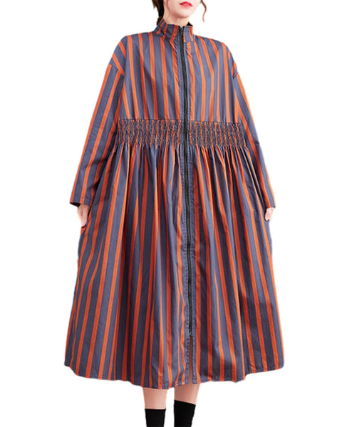 ellazhu Women's Funky Vertical Striped Zipper Patchwork Color Print Dress GZ41