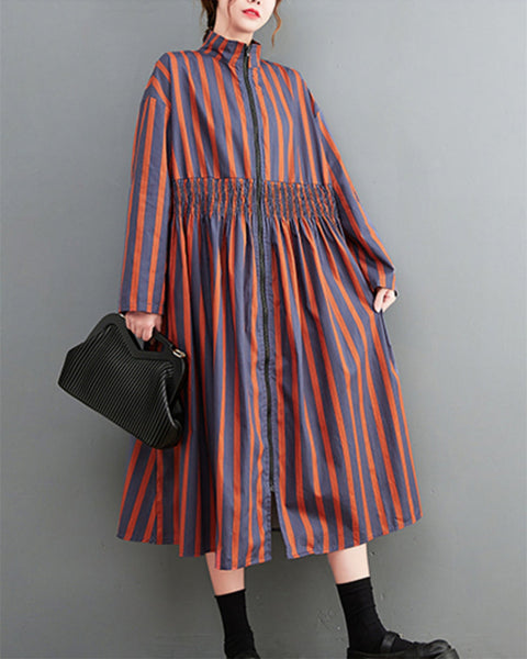 ellazhu Women's Funky Vertical Striped Zipper Patchwork Color Print Dress GZ41