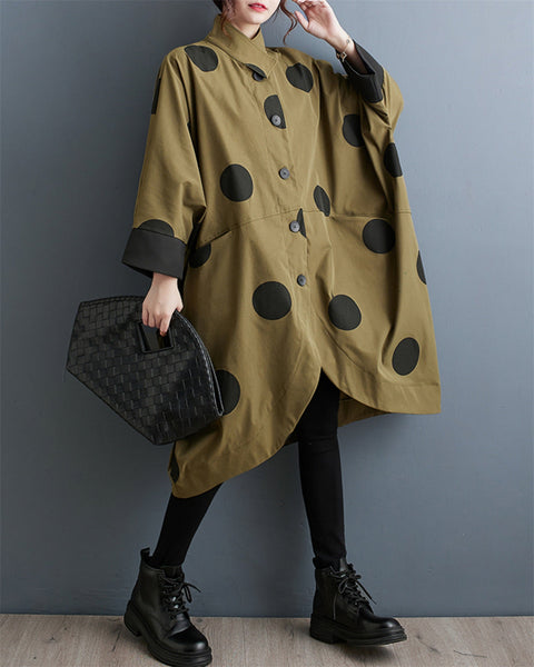 ellazhu Women's Casual Vintage Batwing Polk Dots Coat Irregular Hem Outerwear GZ42