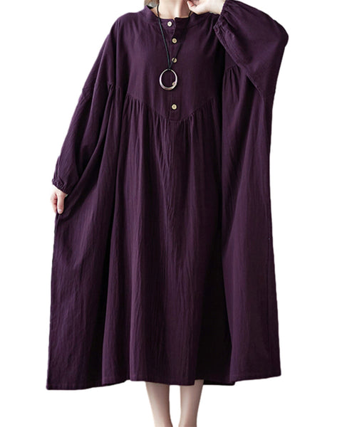 ellazhu Women's Baggy Vintage Lantern Sleeve Pullover Pleated Hem Dress GZ50