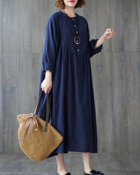 ellazhu Women's Baggy Vintage Lantern Sleeve Pullover Pleated Hem Dress GZ50