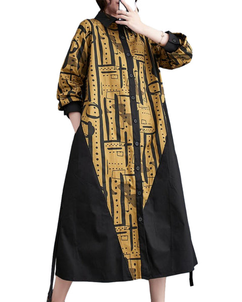 ellazhu Women's Oversized Long Sleeve Button Down Printed Patchwork Dress GZ54