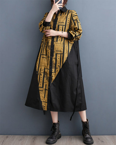 ellazhu Women's Oversized Long Sleeve Button Down Printed Patchwork Dress GZ54