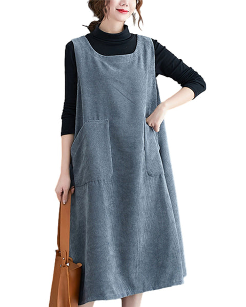 ellazhu Women's Round Neck Overall Corduroy Pinafore Pullover Jumper Dress GZ60