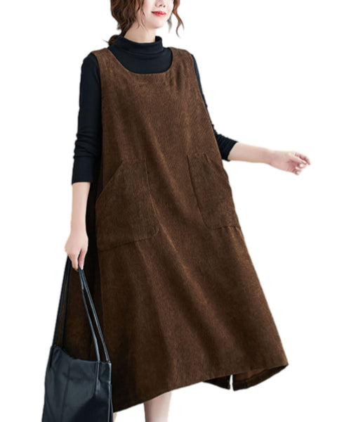 ellazhu Women's Round Neck Overall Corduroy Pinafore Pullover Jumper Dress GZ60