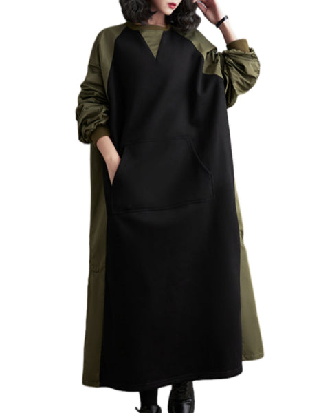 ellazhu Women's Patchwork Pullover Color Block Pleated Sleeve Long Dress GZ71