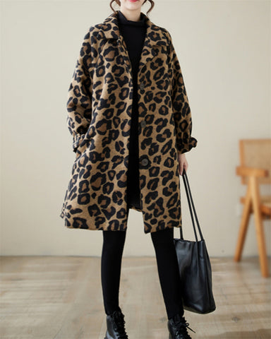 ellazhu Women's Popular Leopard Print Coat Buttons Down Lapel Top GZ72