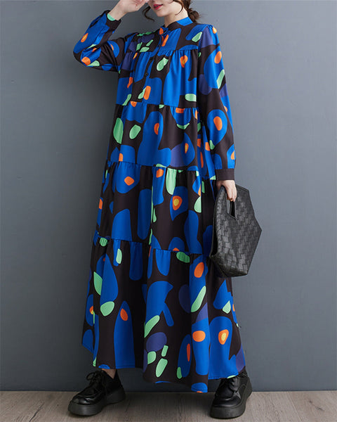 ellazhu Women's Baggy Long Sleeve Pullover Print Maxi Dress GZ82