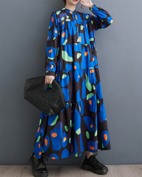 ellazhu Women's Baggy Long Sleeve Pullover Print Maxi Dress GZ82