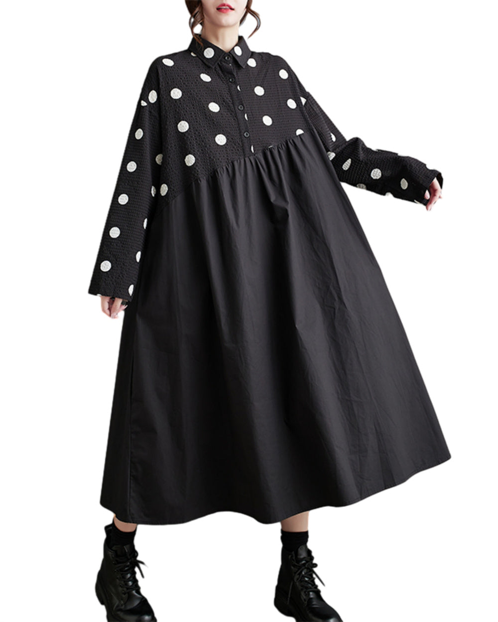 ellazhu Women's Pullover Lapel Polka Dot Patchwork Long Dress GZ90