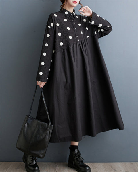 ellazhu Women's Pullover Lapel Polka Dot Patchwork Long Dress GZ90