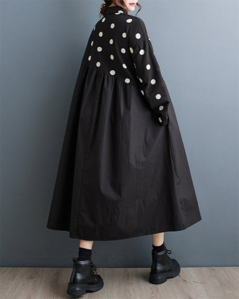 ellazhu Women's Pullover Lapel Polka Dot Patchwork Long Dress GZ90