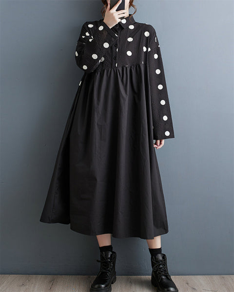 ellazhu Women's Pullover Lapel Polka Dot Patchwork Long Dress GZ90