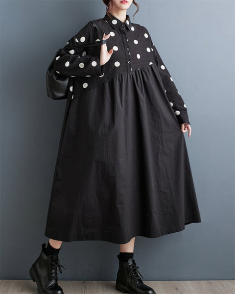 ellazhu Women's Pullover Lapel Polka Dot Patchwork Long Dress GZ90