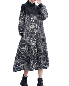 ellazhu Women's Patchwork Printed High Neck Long Sleeve Dress GZ96